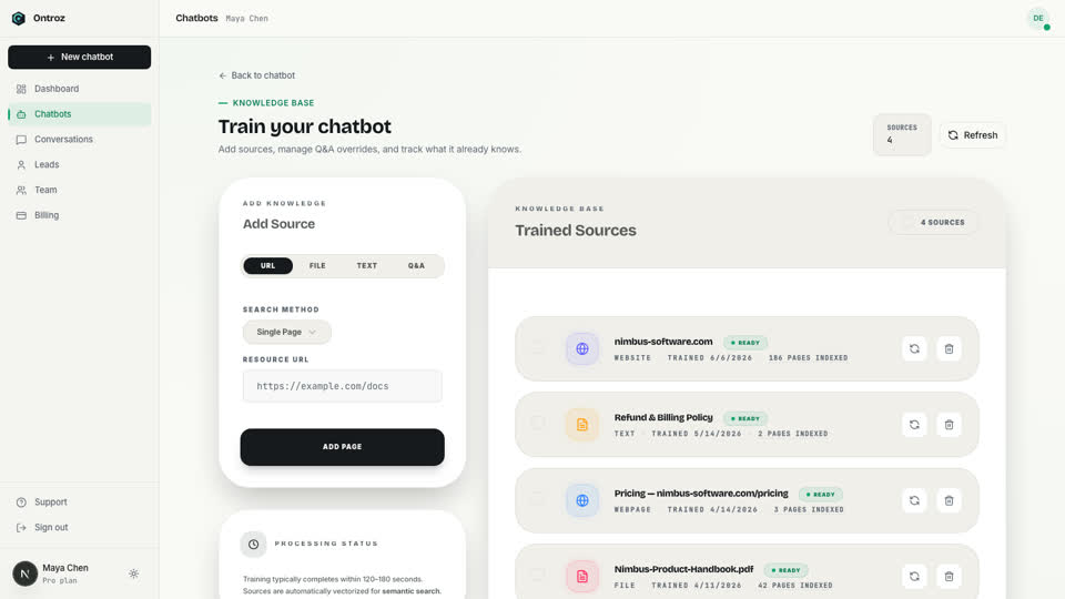 Training screen with knowledge base sources